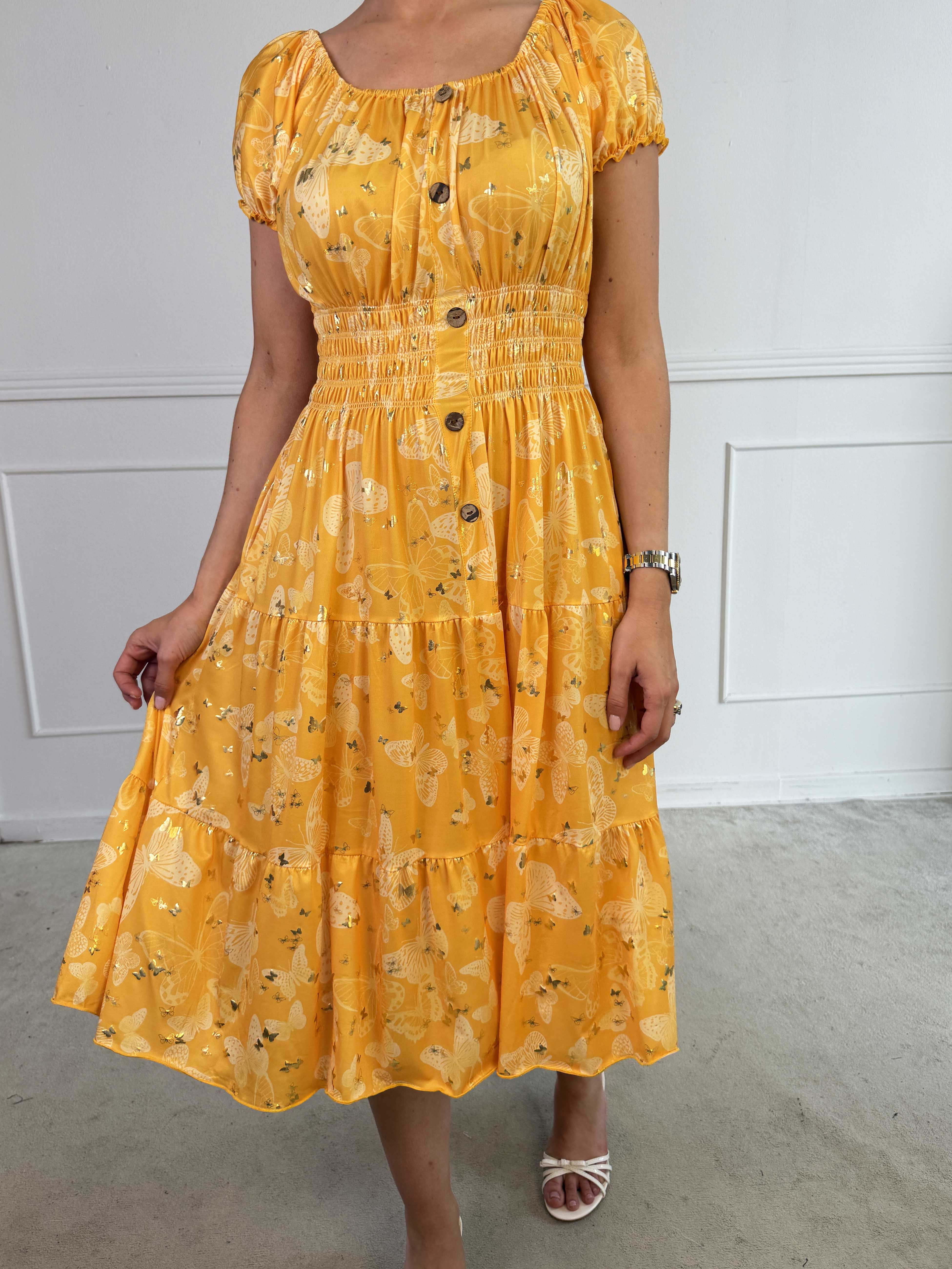 Tea Butterfly - Plus size kjole med smukt sommerfugleprint og elastisk udskæring
